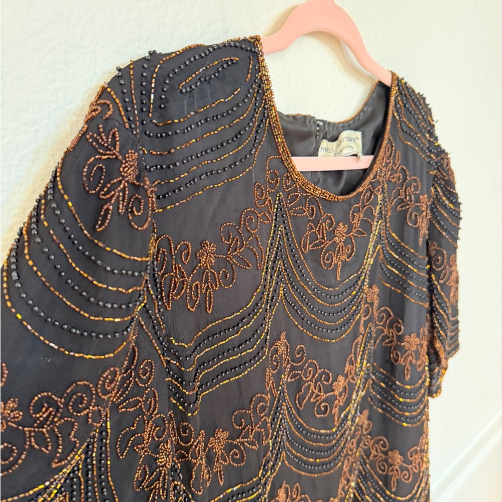 Papell Boutique Beaded Silk Top 3X Vintage Art Deco Evening Blouse Black Bronze
